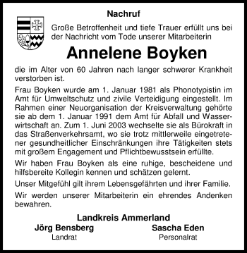 Traueranzeige von Elfriede und Annelene Boyken von Nordwest-Zeitung