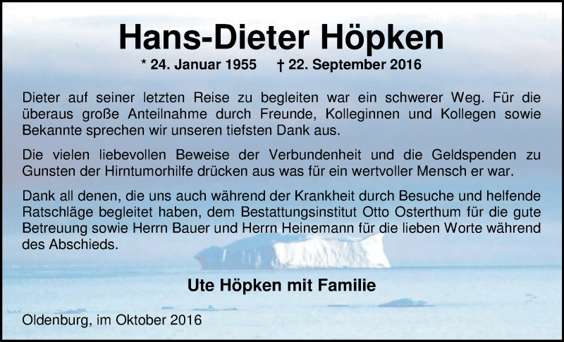  Traueranzeige für Hans-Dieter Höpken vom 22.10.2016 aus Nordwest-Zeitung