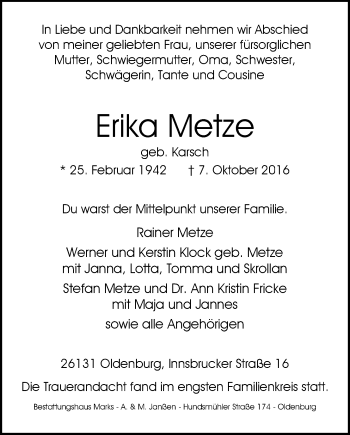 Traueranzeige von Erika Metze von Nordwest-Zeitung