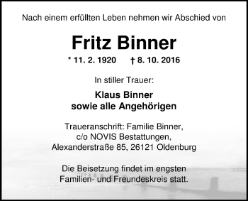 Traueranzeige von Fritz Binner von Nordwest-Zeitung