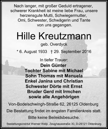 Traueranzeige von Hille Kreutzmann von Nordwest-Zeitung