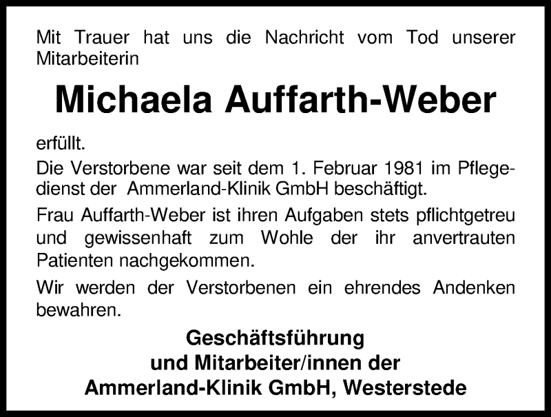  Traueranzeige für Michaela Auffarth-Weber vom 21.10.2016 aus Nordwest-Zeitung