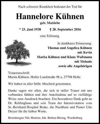 Traueranzeige von Hannelore Kühnen von Nordwest-Zeitung