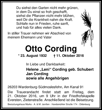 Traueranzeige von Otto Cording von Nordwest-Zeitung