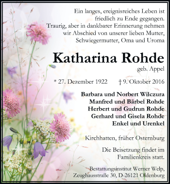 Traueranzeige von Katharina Rohde von Nordwest-Zeitung