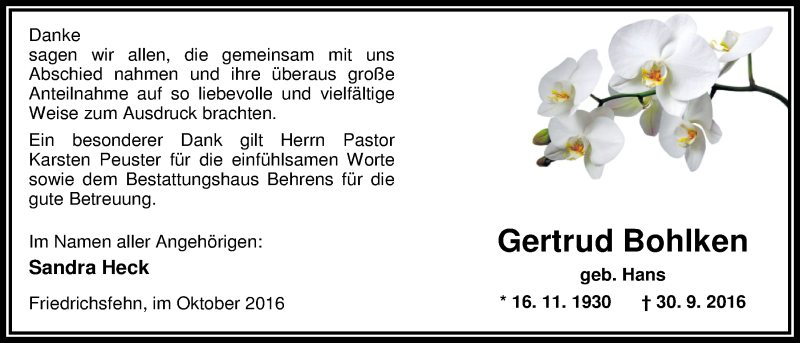  Traueranzeige für Gertrud Bohlken vom 22.10.2016 aus Nordwest-Zeitung