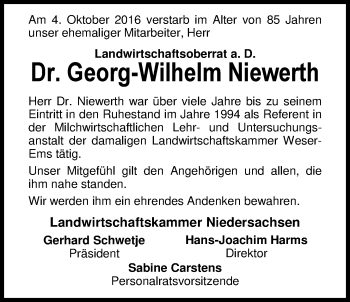 Traueranzeige von Dr. Georg-Wilhelm Niewerth von Nordwest-Zeitung