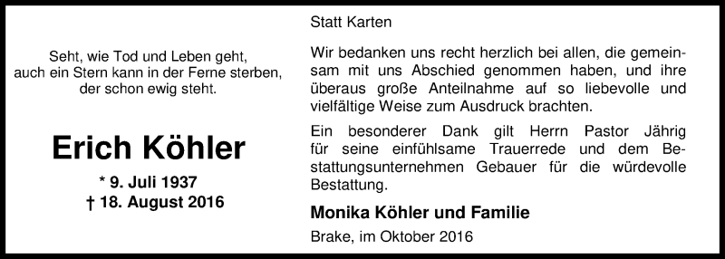  Traueranzeige für Erich Köhler vom 08.10.2016 aus Nordwest-Zeitung