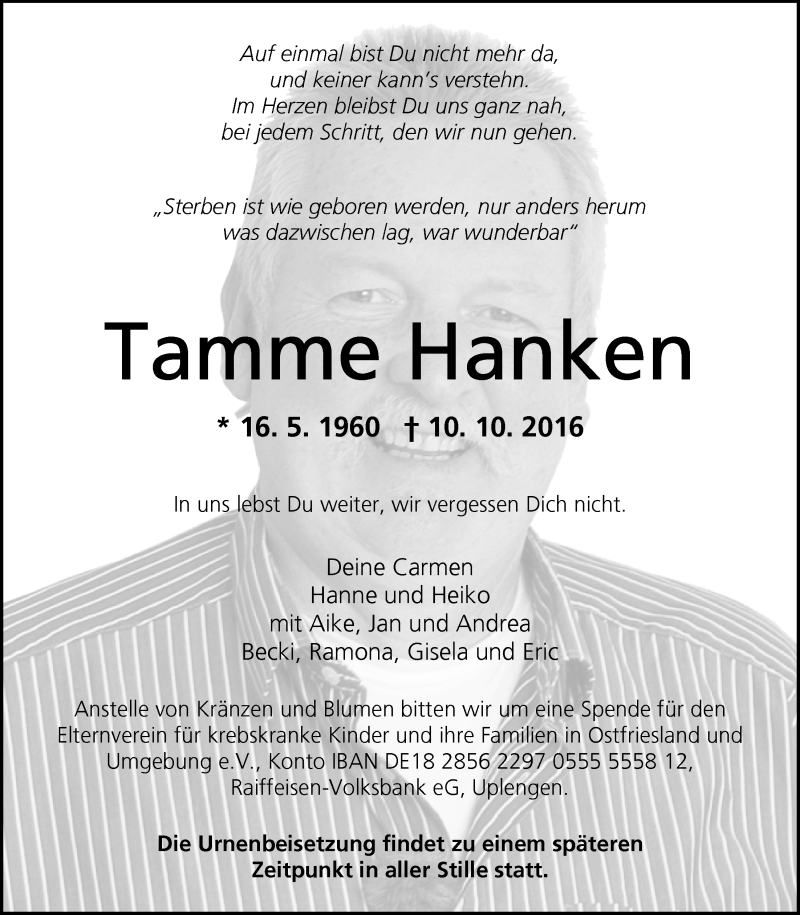  Traueranzeige für Tamme Hanken vom 15.10.2016 aus Nordwest-Zeitung