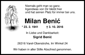 Traueranzeige von Milan Benic von Nordwest-Zeitung