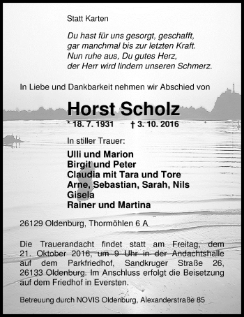 Traueranzeige von Horst Scholz von Nordwest-Zeitung