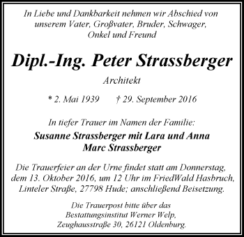 Traueranzeige von Peter Strassberger von Nordwest-Zeitung