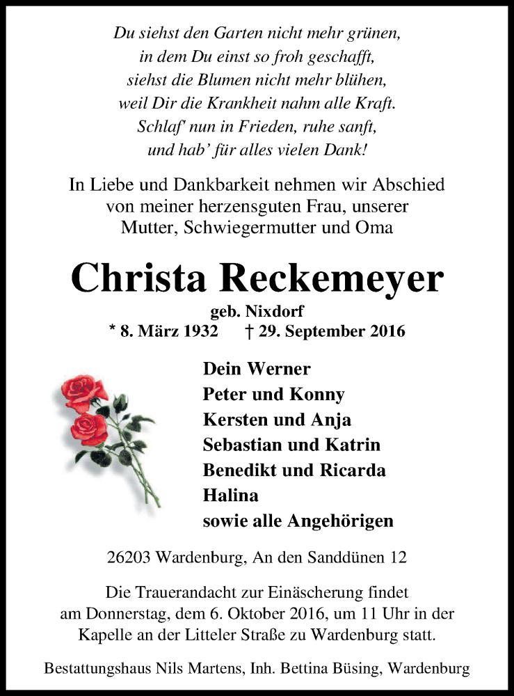  Traueranzeige für Christa Reckemeyer vom 04.10.2016 aus Nordwest-Zeitung
