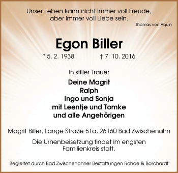 Traueranzeige von Egon Biller von Nordwest-Zeitung