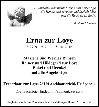Traueranzeige von Erna zur Loye von Nordwest-Zeitung