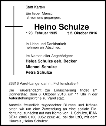 Traueranzeige von Heino Schulze von Nordwest-Zeitung