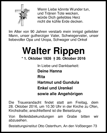 Traueranzeige von Walter Rippen von Nordwest-Zeitung
