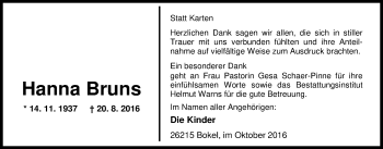 Traueranzeige von Hanna Bruns von Nordwest-Zeitung