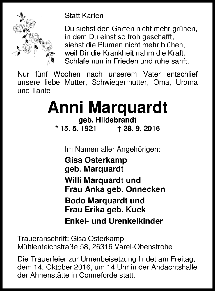  Traueranzeige für Wilhelm Marquardt vom 08.10.2016 aus Nordwest-Zeitung