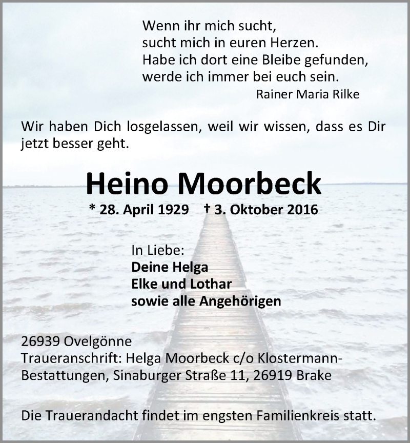  Traueranzeige für Heino Moorbeck vom 05.10.2016 aus Nordwest-Zeitung