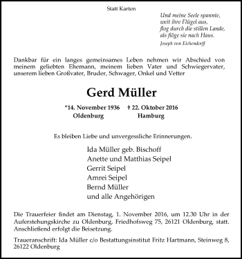 Traueranzeige von Gerd Müller von Nordwest-Zeitung