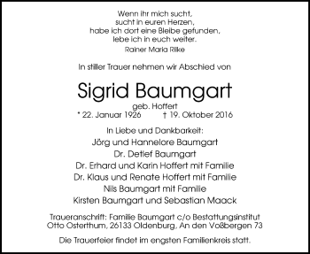 Traueranzeige von Sigrid Baumgart von Nordwest-Zeitung