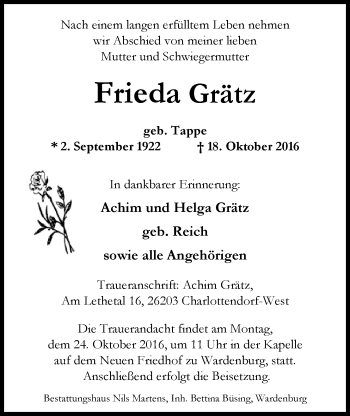 Traueranzeige von Frieda Grätz von Nordwest-Zeitung