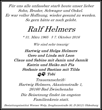 Traueranzeige von Ralf Helmers von Nordwest-Zeitung