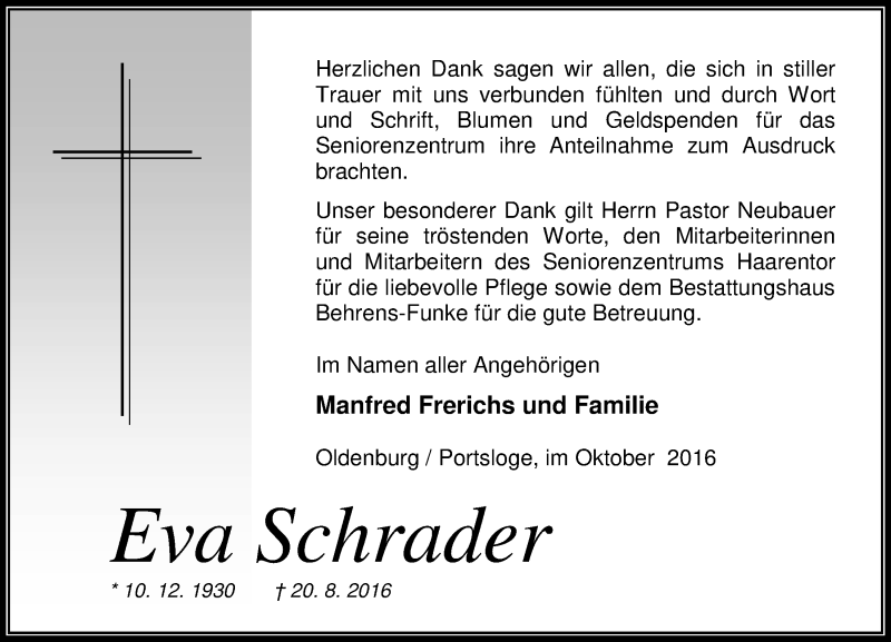  Traueranzeige für Eva Schrader vom 08.10.2016 aus Nordwest-Zeitung