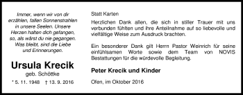 Traueranzeige von Ursula Krecik von Nordwest-Zeitung