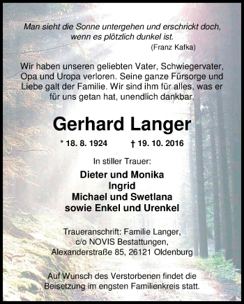 Traueranzeige von Gerhard Langer von Nordwest-Zeitung