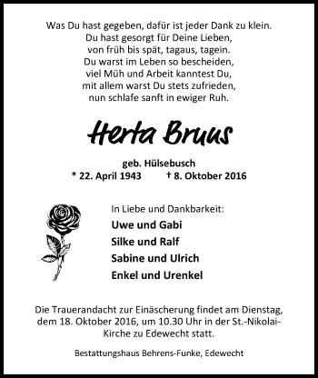 Traueranzeige von Herta Bruns von Nordwest-Zeitung