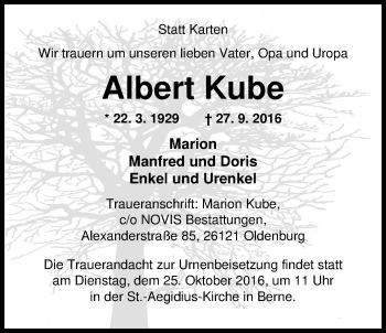 Traueranzeige von Albert Kube von Nordwest-Zeitung