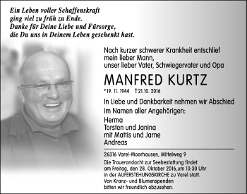 Traueranzeige von Manfred Kurtz von Nordwest-Zeitung