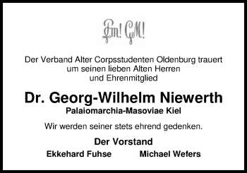 Traueranzeige von Dr. Georg-Wilhelm Niewerth von Nordwest-Zeitung