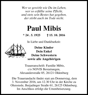 Traueranzeige von Paul Mibis von Nordwest-Zeitung