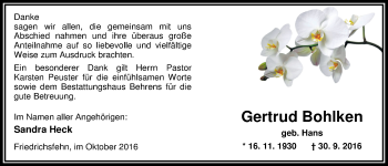 Traueranzeige von Gertrud Bohlken von Nordwest-Zeitung