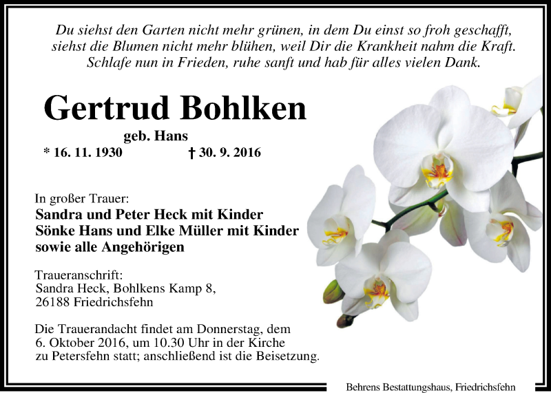  Traueranzeige für Gertrud Bohlken vom 05.10.2016 aus Nordwest-Zeitung