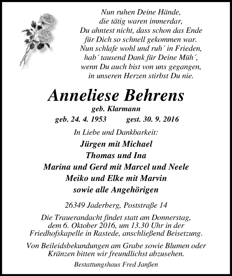  Traueranzeige für Anneliese Behrens vom 04.10.2016 aus Nordwest-Zeitung