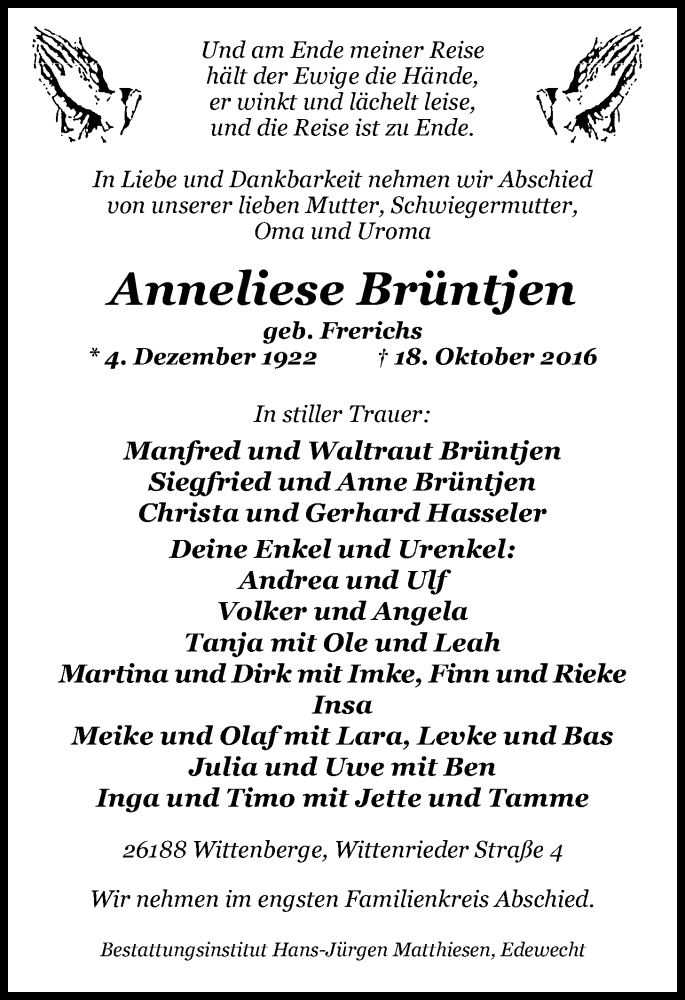  Traueranzeige für Anneliese Brüntjen vom 20.10.2016 aus Nordwest-Zeitung