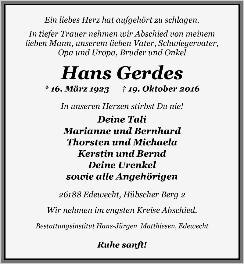  Traueranzeige für Hans Gerdes vom 22.10.2016 aus Nordwest-Zeitung