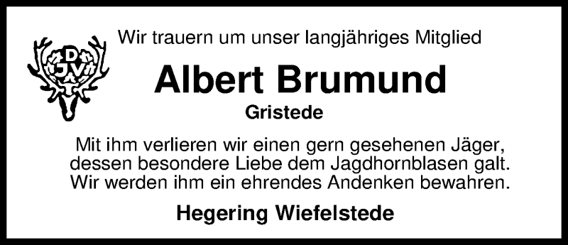  Traueranzeige für Albert Brumund vom 07.10.2016 aus Nordwest-Zeitung
