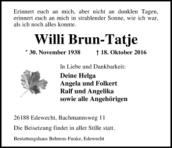 Traueranzeige von Willi Brun-Tatje von Nordwest-Zeitung