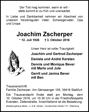 Traueranzeige von Joachim Zscherper von Nordwest-Zeitung
