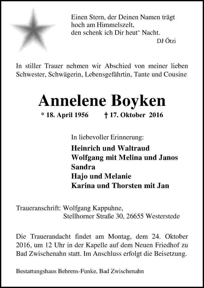  Traueranzeige für Elfriede und Annelene Boyken vom 21.10.2016 aus Nordwest-Zeitung