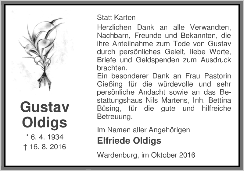  Traueranzeige für Gustav Oldigs vom 15.10.2016 aus Nordwest-Zeitung