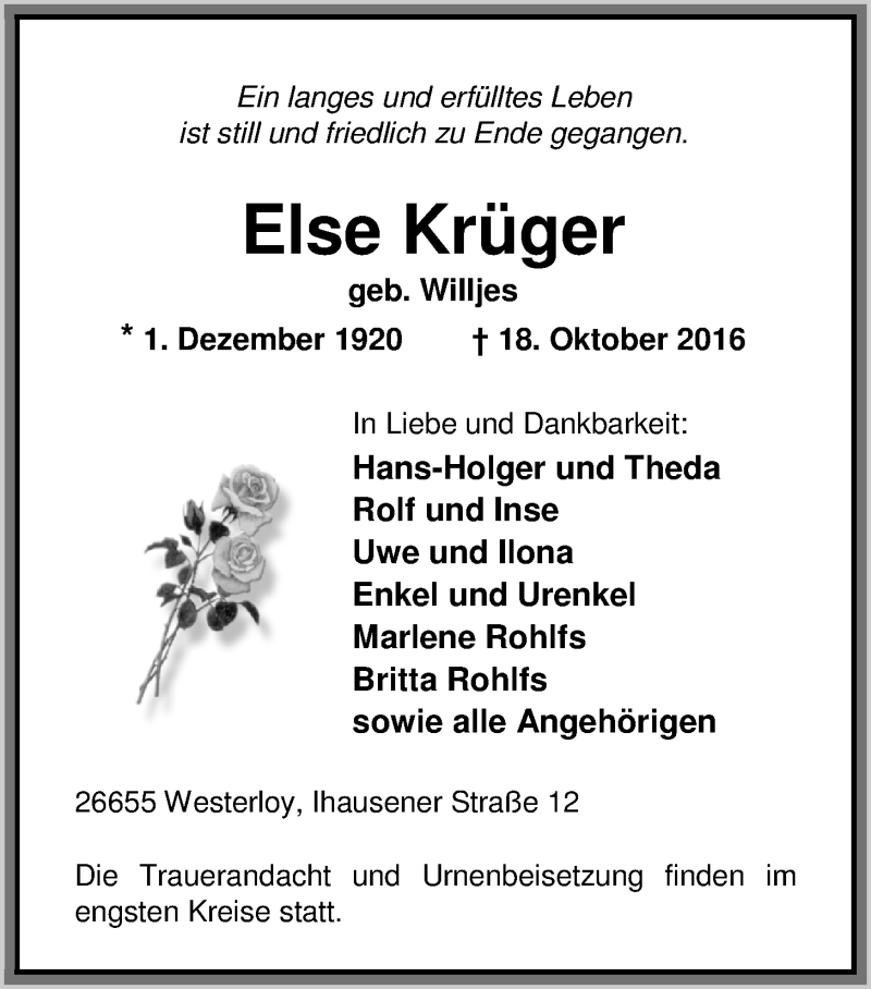  Traueranzeige für Else Krüger vom 20.10.2016 aus Nordwest-Zeitung