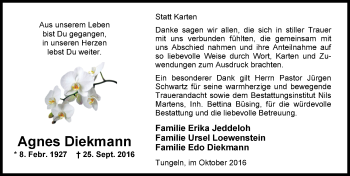 Traueranzeige von Agnes Diekmann von Nordwest-Zeitung
