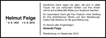 Traueranzeige von Helmut Feige von Nordwest-Zeitung