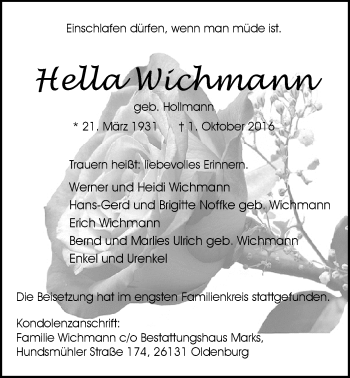 Traueranzeige von Hella Wichmann von Nordwest-Zeitung
